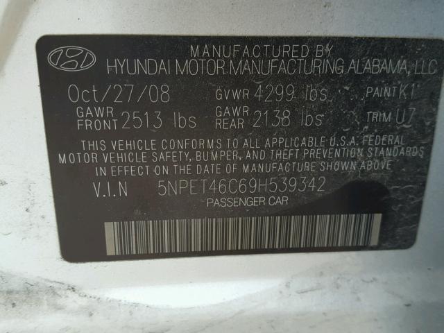 5NPET46C69H539342 - 2009 HYUNDAI SONATA GLS SILVER photo 10