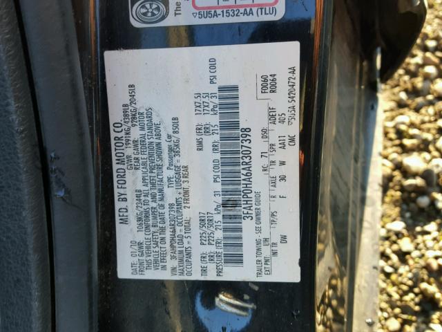 3FAHP0HA6AR307398 - 2010 FORD FUSION SE BLACK photo 10