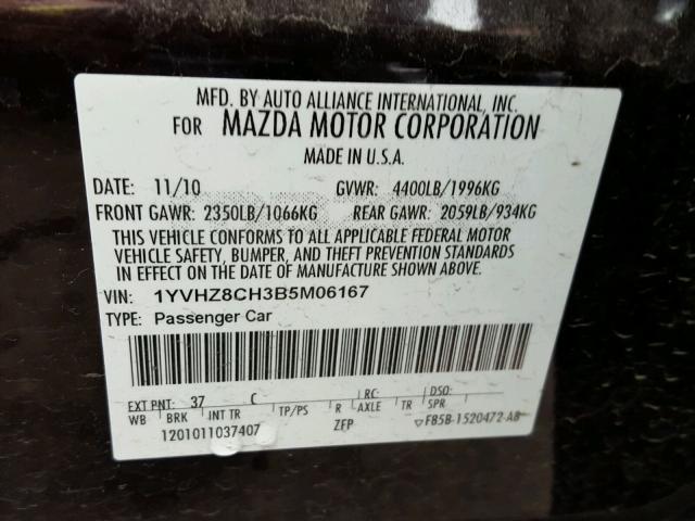 1YVHZ8CH3B5M06167 - 2011 MAZDA 6 I BLACK photo 10