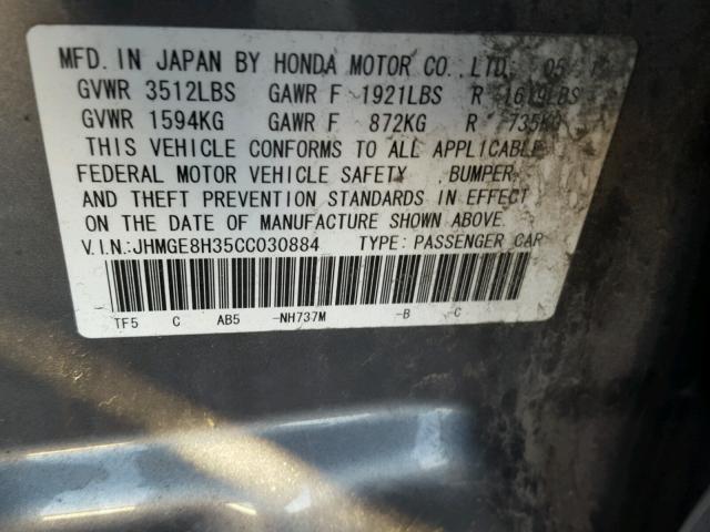 JHMGE8H35CC030884 - 2012 HONDA FIT GRAY photo 10