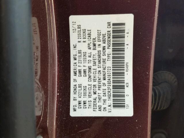 1HGCR2F59DA083723 - 2013 HONDA ACCORD SPO BURGUNDY photo 10