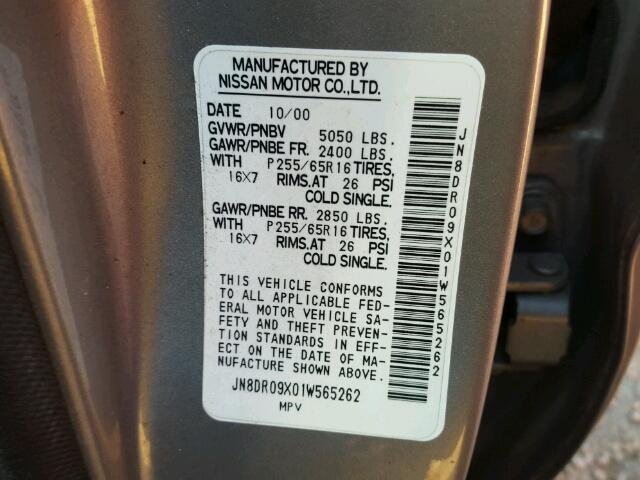 JN8DR09X01W565262 - 2001 NISSAN PATHFINDER GRAY photo 10