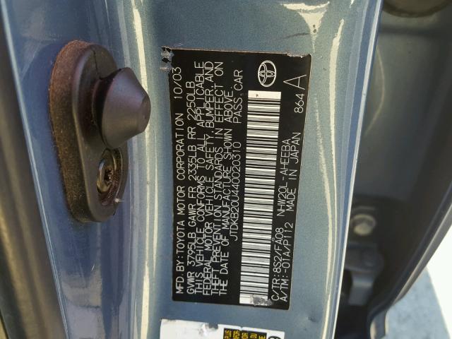 JTDKB20U440020310 - 2004 TOYOTA PRIUS 蓝色 照片 10
