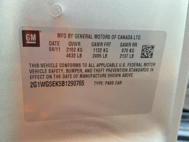 2G1WG5EK5B1290765 - 2011 CHEVROLET IMPALA LT Արծաթագույն լուսանկար 10