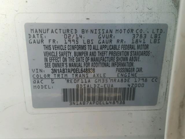 3N1AB7AP0EL648938 - 2014 NISSAN SENTRA S WHITE photo 10