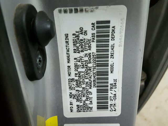 1NXBU40E79Z122257 - 2009 TOYOTA COROLLA BA SILVER photo 10