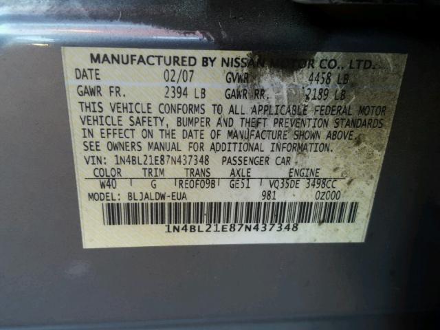 1N4BL21E87N437348 - 2007 NISSAN ALTIMA 3.5 GRAY photo 10