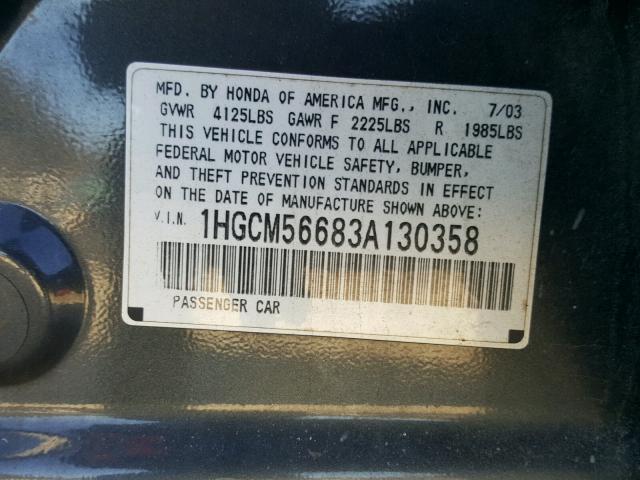 1HGCM56683A130358 - 2003 HONDA ACCORD EX GRAY photo 10