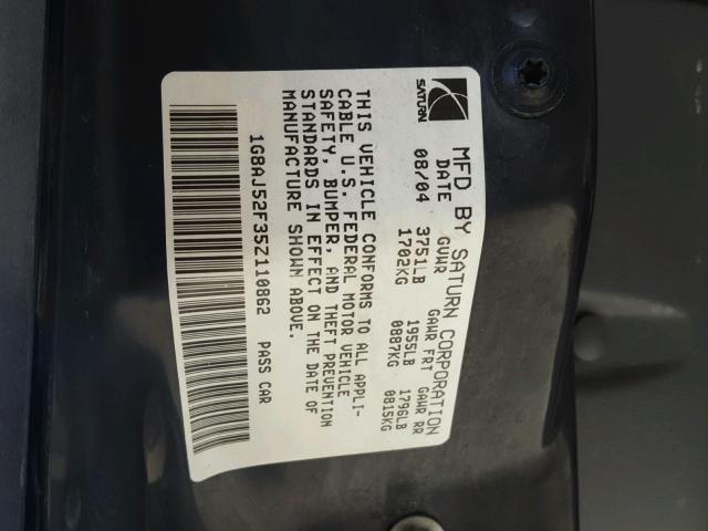 1G8AJ52F35Z110862 - 2005 SATURN ION LEVEL GRAY photo 10