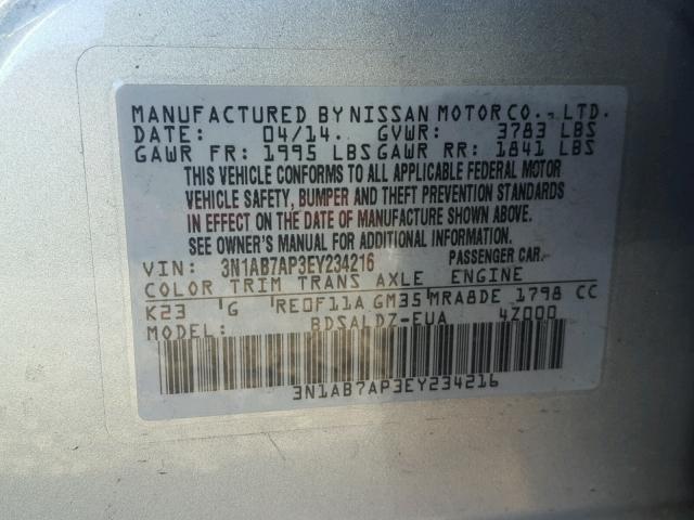 3N1AB7AP3EY234216 - 2014 NISSAN SENTRA S SILVER photo 10