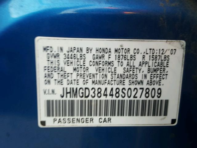 JHMGD38448S027809 - 2008 HONDA FIT BLUE photo 10