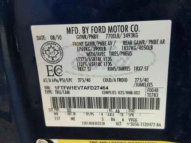 1FTFW1EV7AFD27464 - 2010 FORD F150 SUPER BLUE photo 10