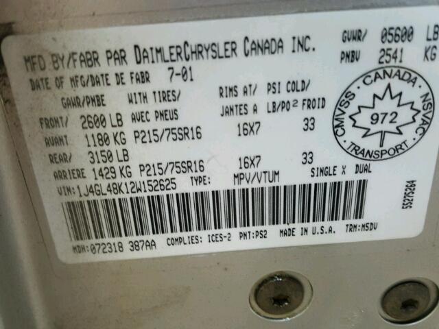 1J4GL48K12W152625 - 2002 JEEP LIBERTY SP SILVER photo 10