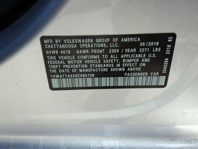 1VWAT7A32GC060106 - 2016 VOLKSWAGEN PASSAT S فضي صورة 10
