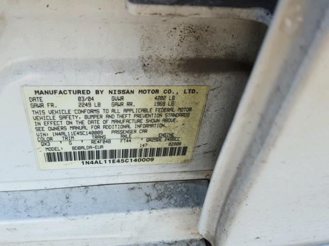 1N4AL11E45C140009 - 2005 NISSAN ALTIMA S WHITE photo 10