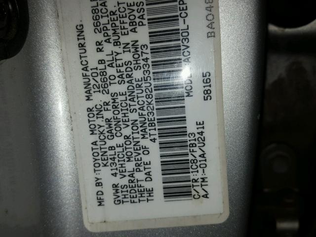 4T1BE32K82U533473 - 2002 TOYOTA CAMRY LE SILVER photo 10