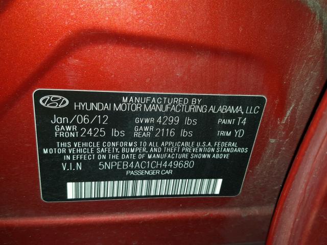 5NPEB4AC1CH449680 - 2012 HYUNDAI SONATA GLS MAROON photo 10