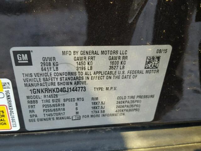 1GNKRHKD4GJ144773 - 2016 CHEVROLET TRAVERSE L CHARCOAL photo 10