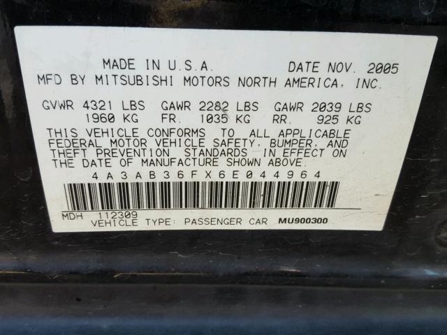 4A3AB36FX6E044964 - 2006 MITSUBISHI GALANT ES BLACK photo 10