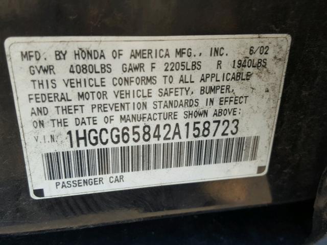 1HGCG65842A158723 - 2002 HONDA ACCORD EX BLACK photo 10