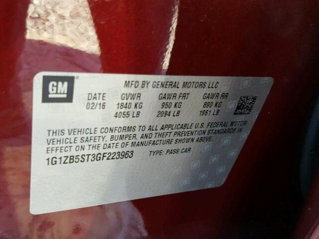 1G1ZB5ST3GF223963 - 2016 CHEVROLET MALIBU LS BURGUNDY photo 10