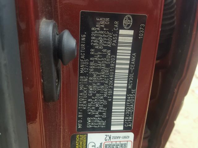 4T1BF32K46U118203 - 2006 TOYOTA CAMRY LE MAROON photo 10