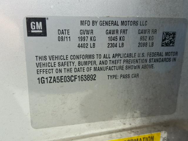 1G1ZA5E03CF163892 - 2012 CHEVROLET MALIBU LS ვერცხლისფერი ფოტო 10
