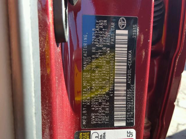 4T1BE32KX5U086276 - 2005 TOYOTA CAMRY LE RED photo 10