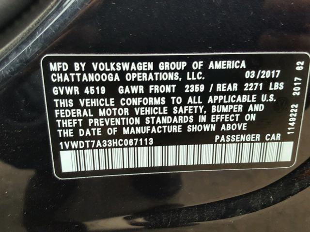 1VWDT7A33HC067113 - 2017 VOLKSWAGEN PASSAT R-L BLACK photo 10