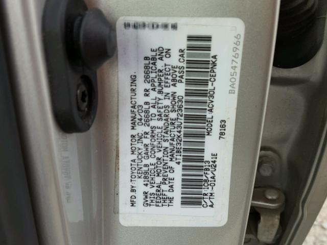 4T1BE32K43U723630 - 2003 TOYOTA CAMRY LE 银色 照片 10