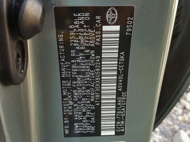 4T1BF3EKXBU583249 - 2011 TOYOTA CAMRY BASE GREEN photo 10