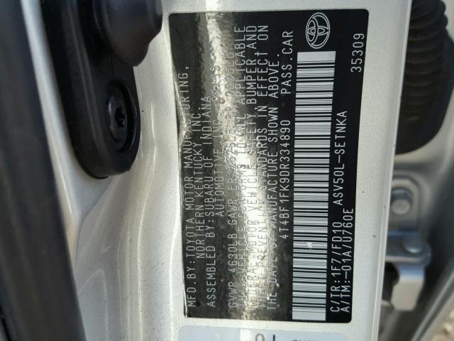 4T4BF1FK9DR334890 - 2013 TOYOTA CAMRY L GRAY photo 10