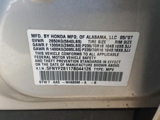 5FNYF28117B044126 - 2007 HONDA PILOT LX SILVER photo 10