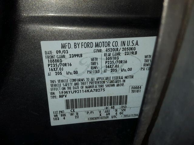 1FMYU93114KA78275 - 2004 FORD ESCAPE XLT GRAY photo 10