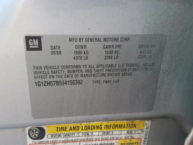 1G1ZH57B594156392 - 2009 CHEVROLET MALIBU 1LT SILVER photo 10