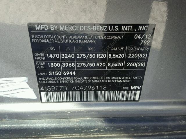 4JGBF7BE7CA796118 - 2012 MERCEDES-BENZ GL 450 4MA GRAY photo 10