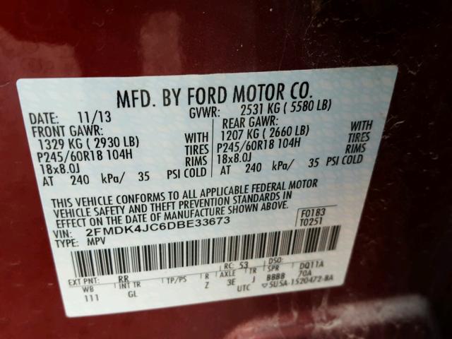 2FMDK4JC6DBE33673 - 2013 FORD EDGE SEL RED photo 10