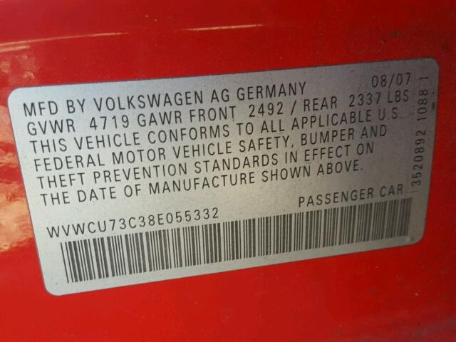 WVWCU73C38E055332 - 2008 VOLKSWAGEN PASSAT VR6 RED photo 10