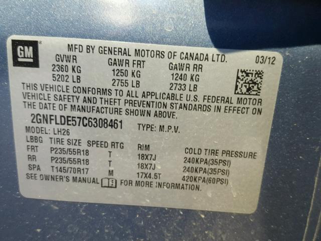 2GNFLDE57C6308461 - 2012 CHEVROLET EQUINOX LT BLUE photo 10