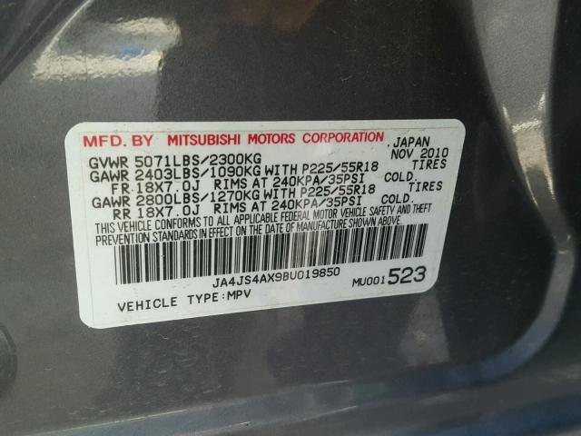 JA4JS4AX9BU019850 - 2011 MITSUBISHI OUTLANDER GRAY photo 10