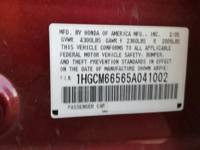 1HGCM66565A041002 - 2005 HONDA ACCORD EX 红色 照片 10