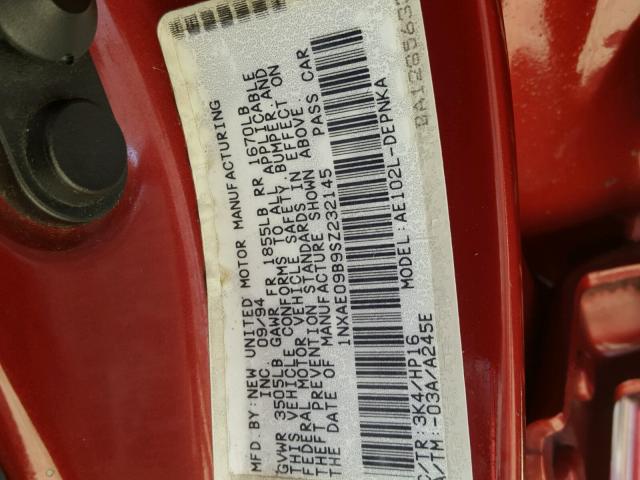 1NXAE09B9SZ232145 - 1995 TOYOTA COROLLA LE 勃艮第红 照片 10