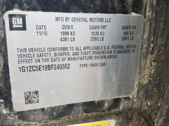 1G1ZC5E18BF249362 - 2011 CHEVROLET MALIBU 1LT BLACK photo 10