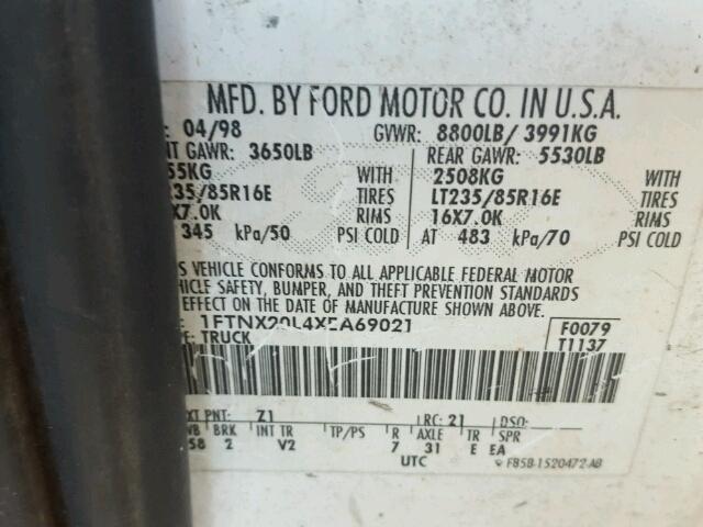 1FTNX20L4XEA69021 - 1999 FORD F250 SUPER WHITE photo 10