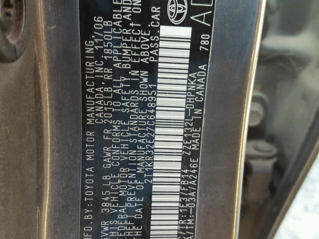 2T1KR32E27C648951 - 2007 TOYOTA COROLLA MA GRAY photo 10