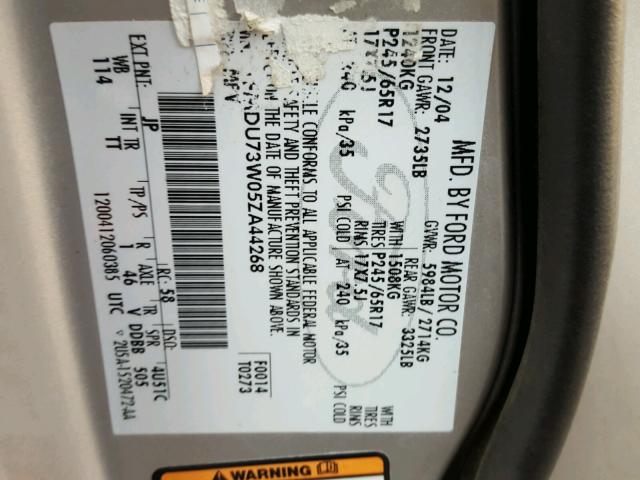 1FMDU73W05ZA44268 - 2005 FORD EXPLORER X SILVER photo 10