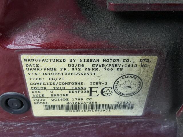 3N1CB51D06L562971 - 2006 NISSAN SENTRA 1.8 RED photo 10