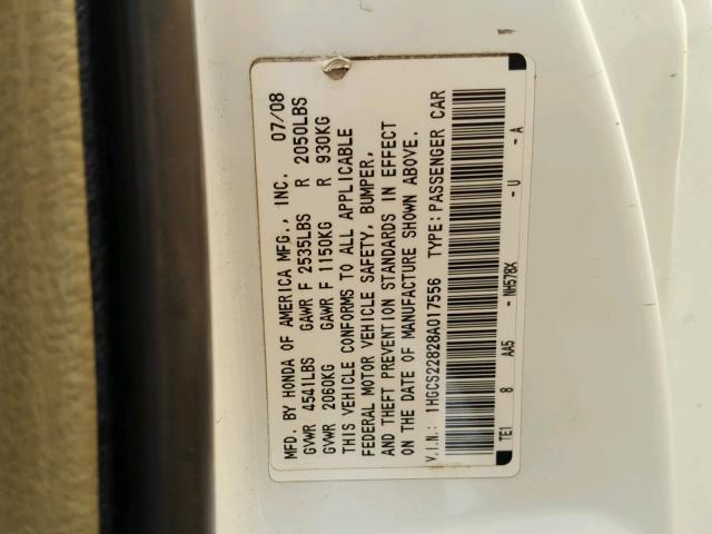 1HGCS22828A017556 - 2008 HONDA ACCORD EXL WHITE photo 10