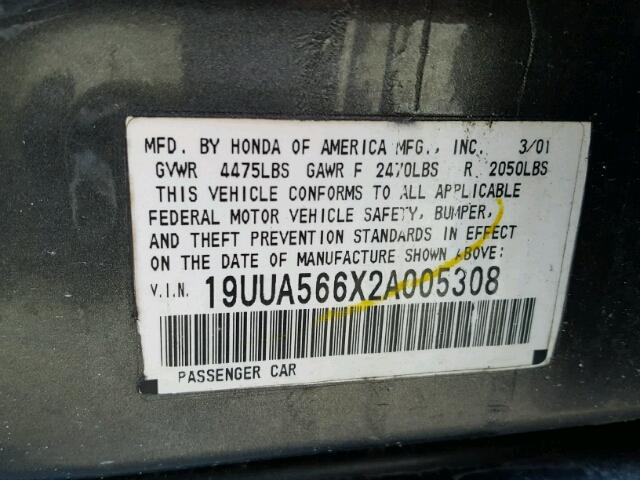 19UUA566X2A005308 - 2002 ACURA 3.2TL GRAY photo 10