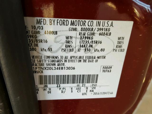 1FTNX20L34EB13036 - 2004 FORD F250 SUPER MAROON photo 10